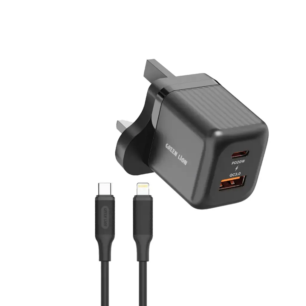 Green Lion Ultra Compact GaN Wall Charger UK Pin A+C 20W (with C to C Cable) - Black
