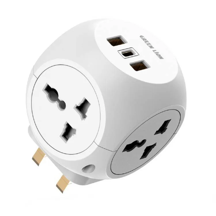 Green Lion Multi Port Travel Adapter with 4 AC Sockets, 2 USB-A Ports & USB-C - White