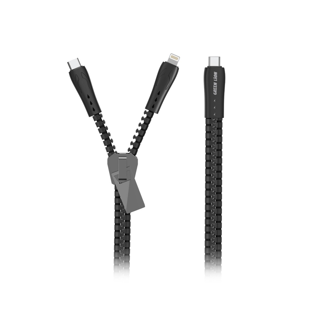 Green Lion 2-in-1 Zipper Cable 85CM – Type-C to Lightning & Type-C Fast Charging Cable – Black